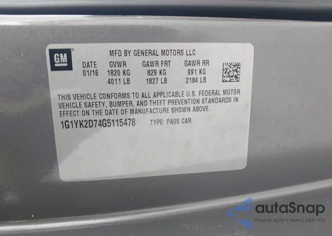 2016 Chevrolet Corvette Stingray Z51 z USA, uszkodzony, nr VIN 1G1YK2D74G5115478